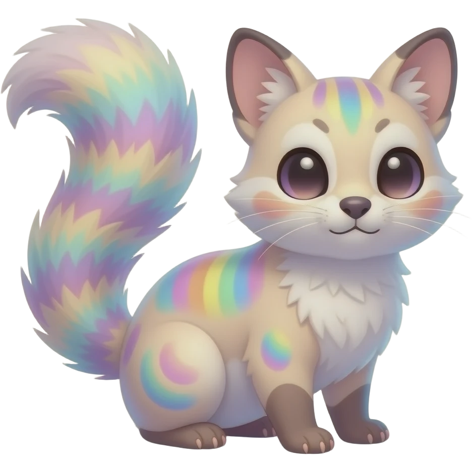Realistic cute adorable pastel-iridescence-gradients albino fur with random colorful iridescent rainbow markings beautiful elegant pretty precious cute Fakémon-Pokémon-opossum-feline-serval-caracal-chinchilla-Minccino-hybrid-creature with a big fluffy bushy striped tail (full body) emoji