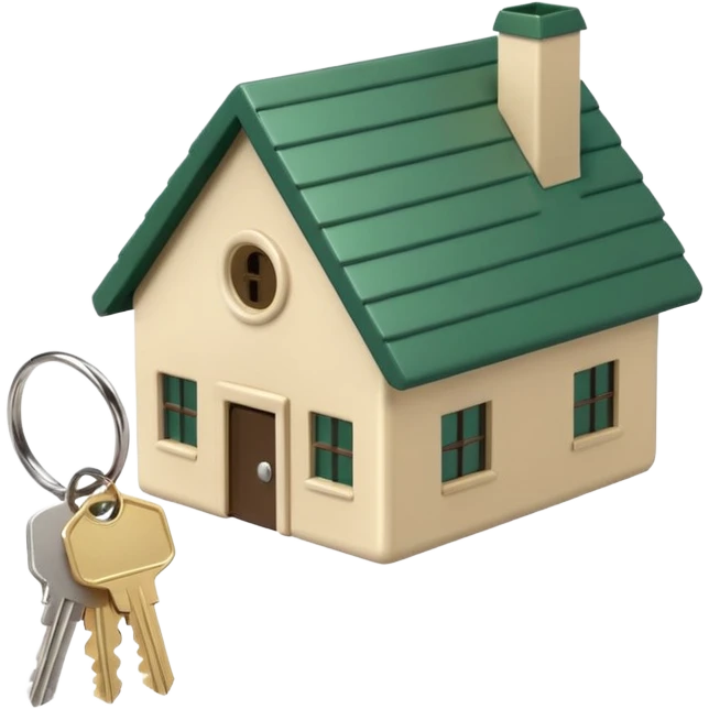 a bunch of new keys on a ring, with a keychain in the shape of a small house, light beige color with a dark green roof, emoji style emoji