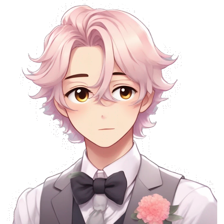 Gorgeous romantic hot attractive anime style formal modern gentlemanly anime shojo guy with pretty hair and flower petals and blushing face aesthetic trending style with colorful gradient colors  pastelcore cottagecore kawaiicore emoji