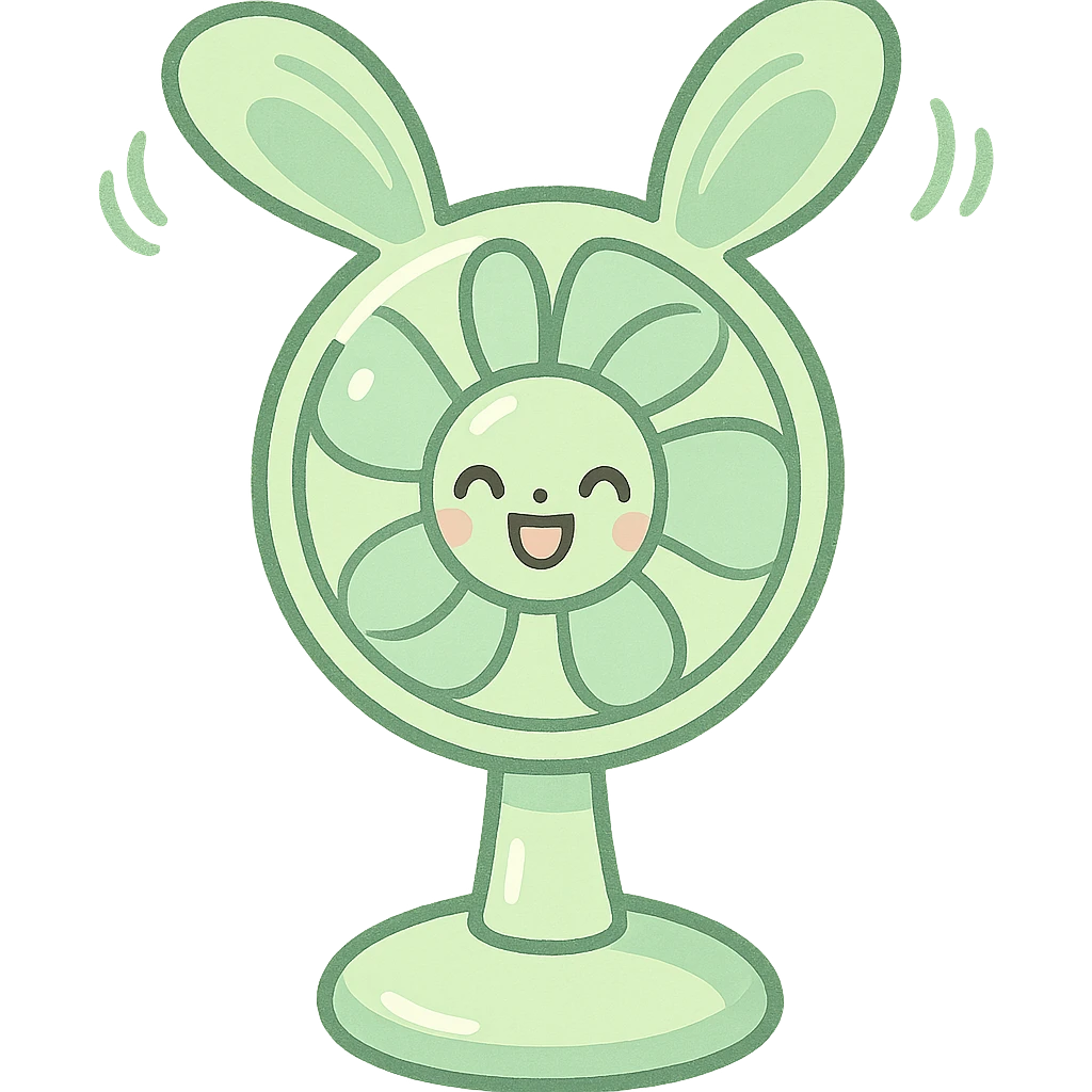chibi electric fan shaped like a bunny, ears spinning as blades, pastel green, cheerful face, full-body emoji