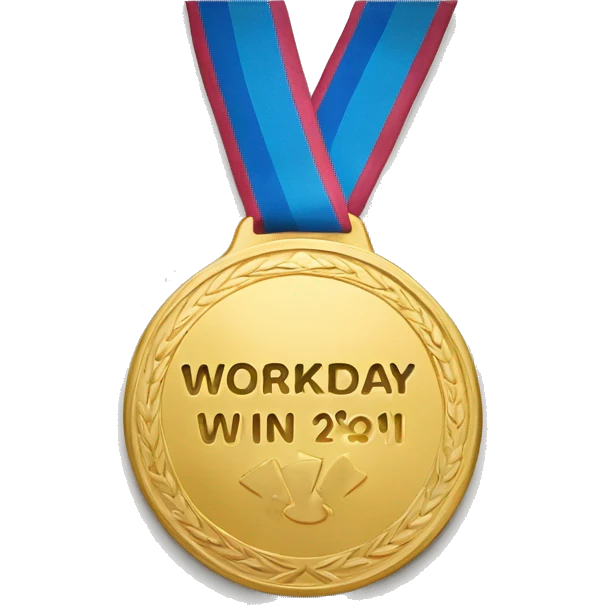 Gold medal with words "Workday Win" engraved on it emoji
