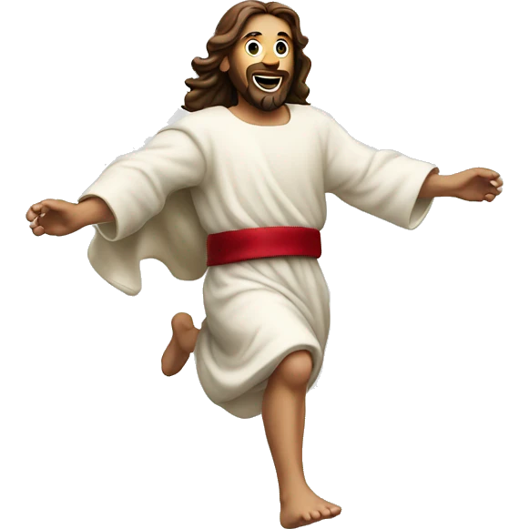 Jesus sprinting, with a large stride and arms outstretched, in a santa costume emoji