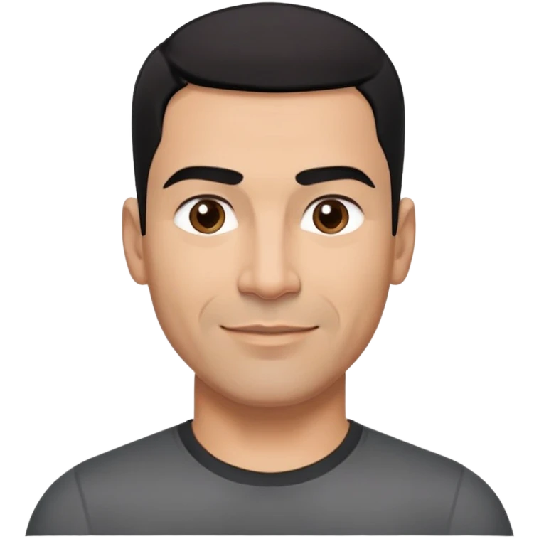 Athletic Hispanic man in his 40s-50s with light brown skin, very short black hair with low fade haircut, square face with strong jawline, thick straight eyebrows, wide straight nose, medium lips with confident smile, broad shoulders, wearing black fitted t-shirt emoji