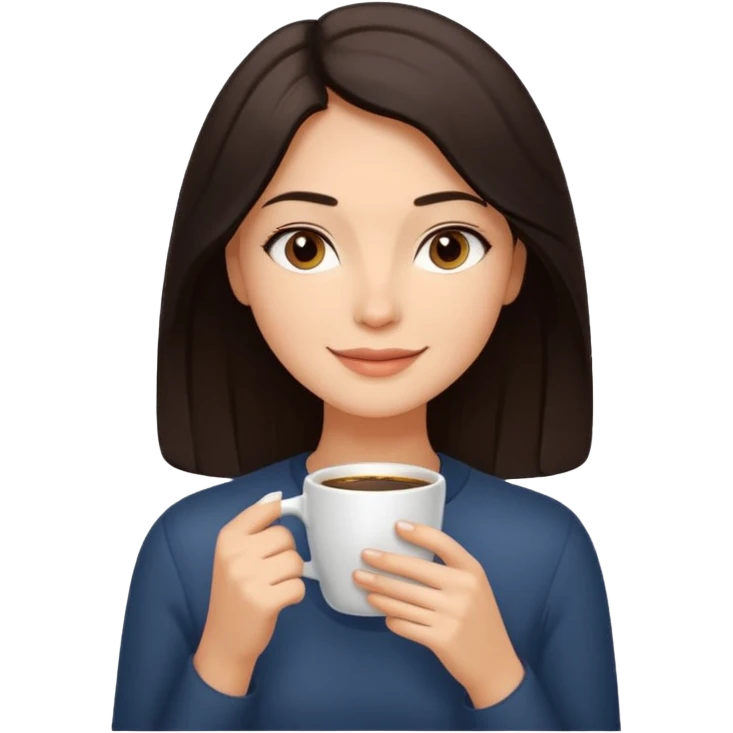Calm and confident woman with dark shoulder-length hair, warm skin tone, soft features. Sitting by a window, peacefully sipping coffee with a gentle smile. Relaxed, natural vibe. emoji