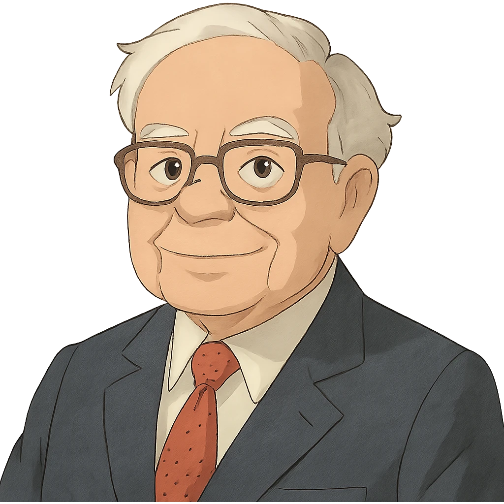 ghibli style portrait of Warren Buffett, friendly expression, glasses, suit emoji