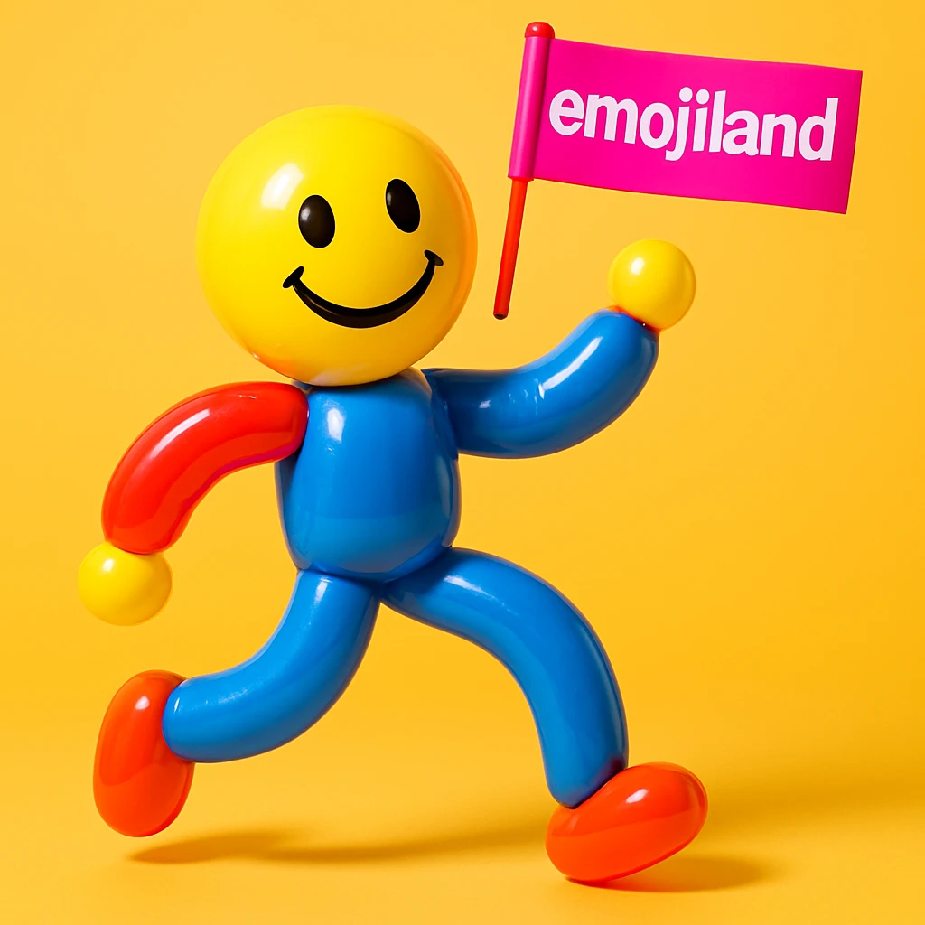 happy runner waving a flag that says 'emojiland' emoji