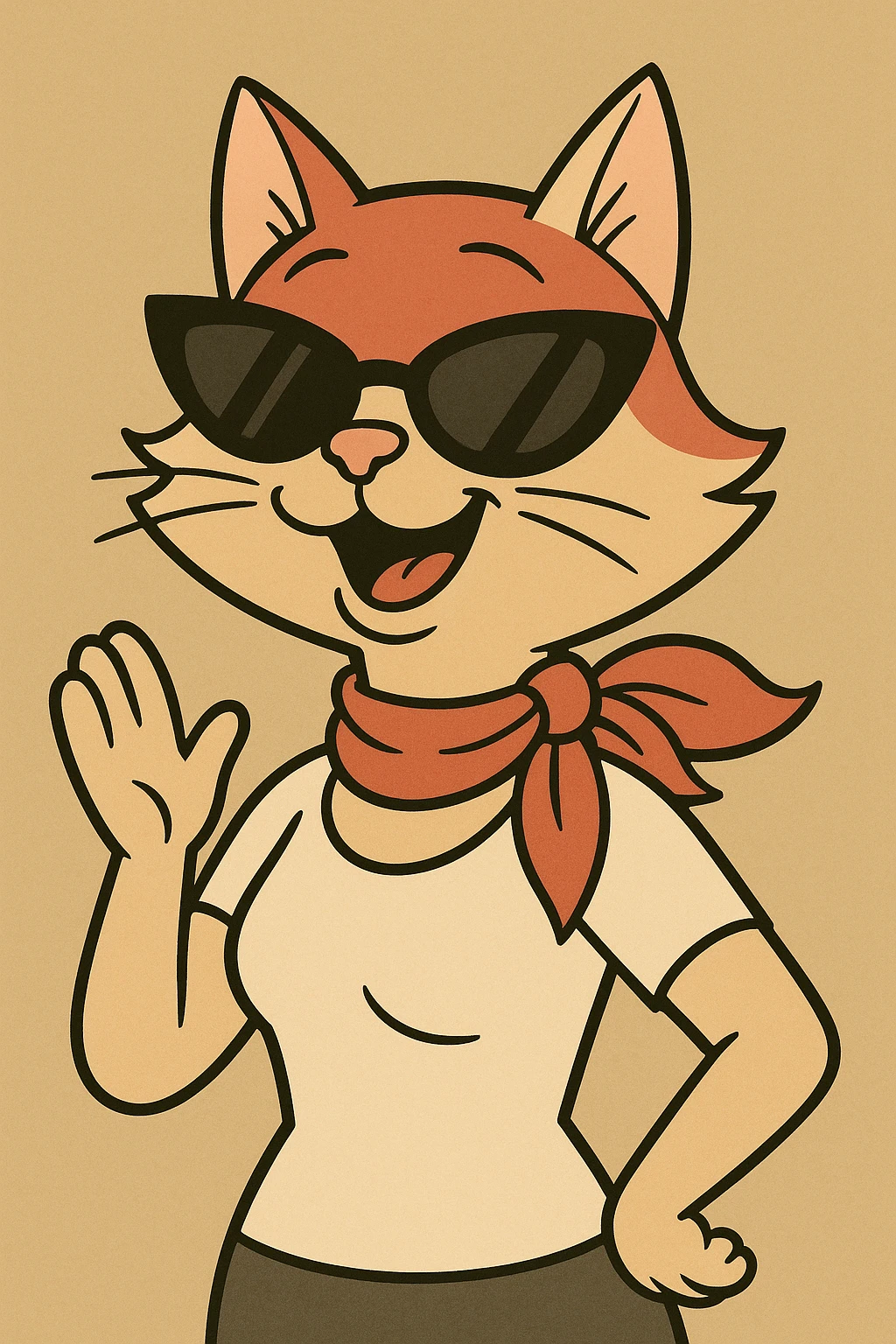 mrs. cat with sunglasses and a red scarf, cheerful expression, cartoon style emoji