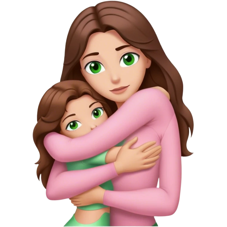 white woman with very long brown hair and green eyes in a light pink outfit hugging Gaston emoji