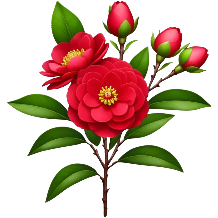 bouquet Red Camellia, luxuriant, stem, leaf, bud emoji