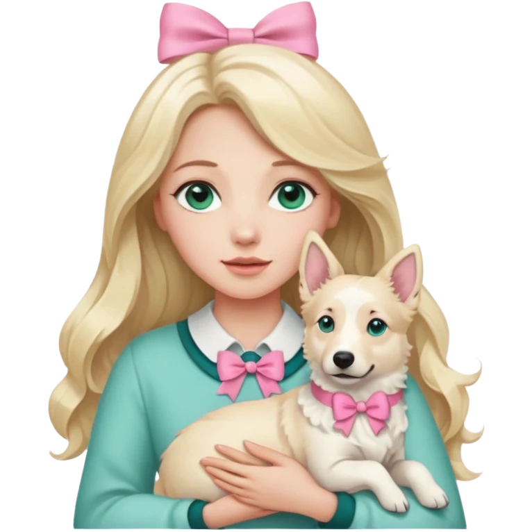 A white Long Wave blonde Hair Woman with blue-green eyes, with a Brown eyed White Shepard  in the arm ,the dog has a little bit beige in then end of the ears and a pink bow in neck . emoji