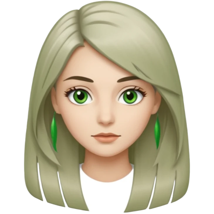 женщина с зелёными глазами, красивыми бровями, серо-бежевыми длинными волосами, с асимметричным пробором чёлкой, подстриженной каскадом  emoji