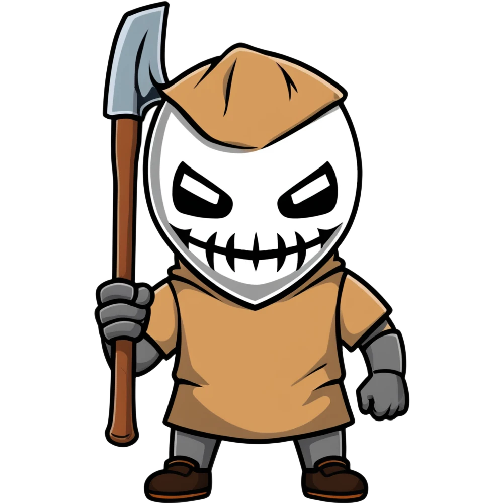 slasher film character with dirty burlap sack mask and axe emoji