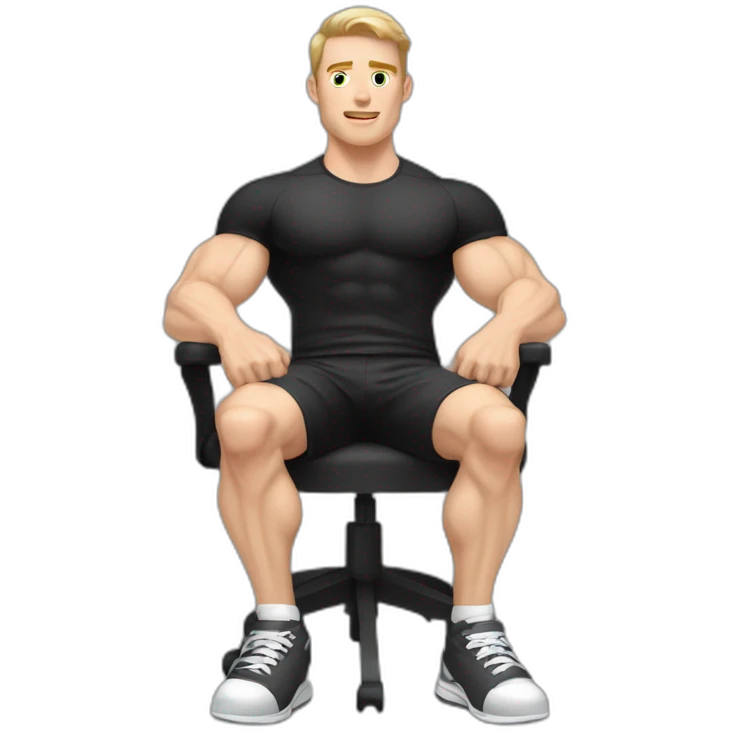 Pale skinned Fit Man With the biceps and dark brown hair in black shirt, gray sports shorts and white Sneakers Sitting on a chair emoji