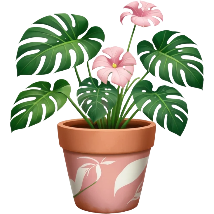 monstera plant in a plant pot in terra cota with white and pink flowers hand painted on the pot  emoji