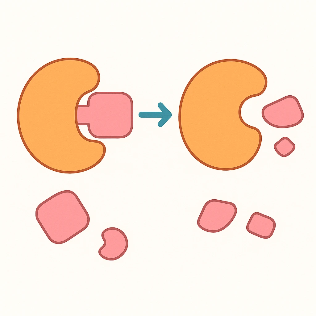 Ultra-detailed scientific illustration  (like in a school book) of enzyme digestion. Macro molecular view, clean white background, no text, no human figures or cartoon characters. Purely biological focus. emoji