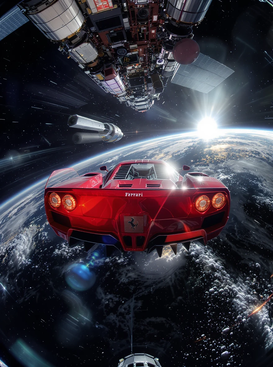 Cinematic still of a ferrari f40 floating in space, shot by space camera connect to spaceship, sun flare, big earth in background, captured by gopro hero with effect fisheye emoji