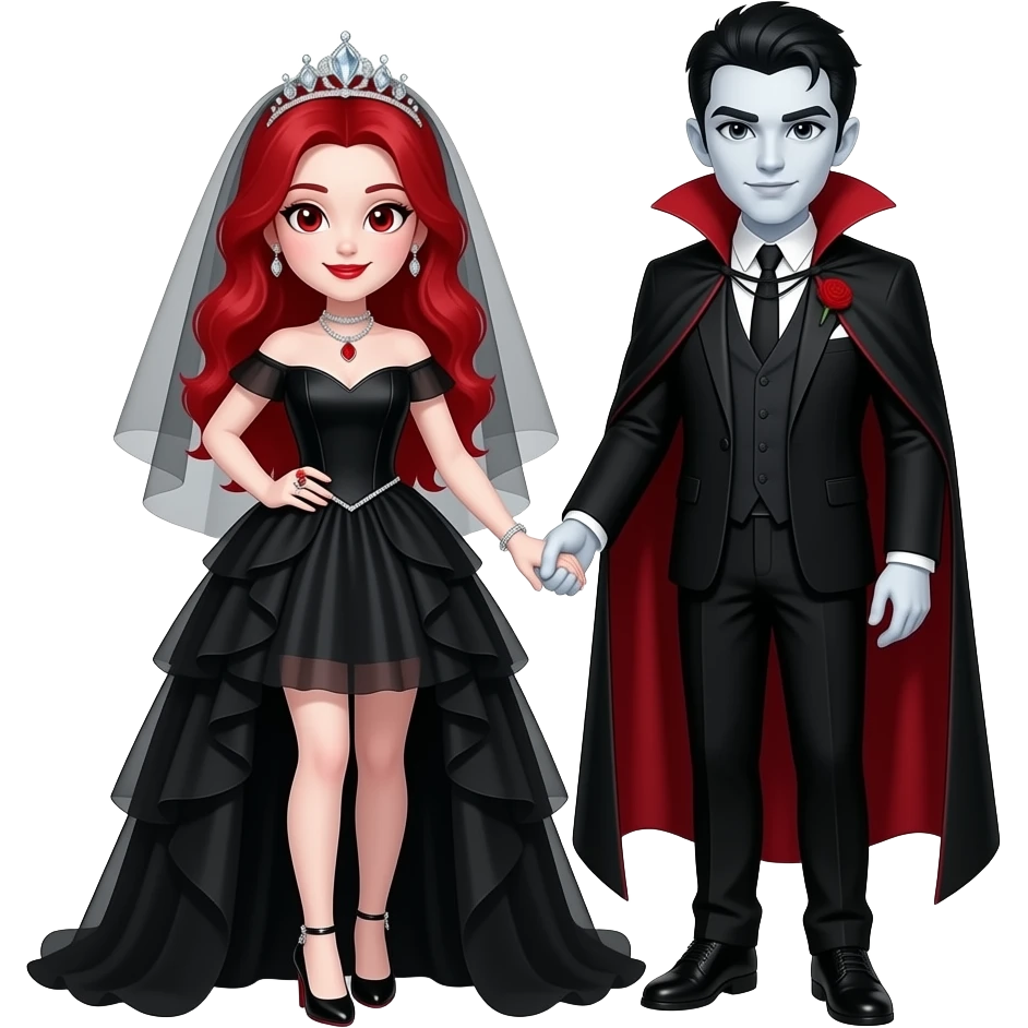Vampiro femmina ADOLESCENTE con pelle bianca e capelli rossi indossa un vestito da sposa nera e una tiara di diamanti e l'anello rosso, e i tacchi e si dirige verso  il suo fidanzato mano nella mano VAMPIRO con la pelle bianca e i capelli neri emoji