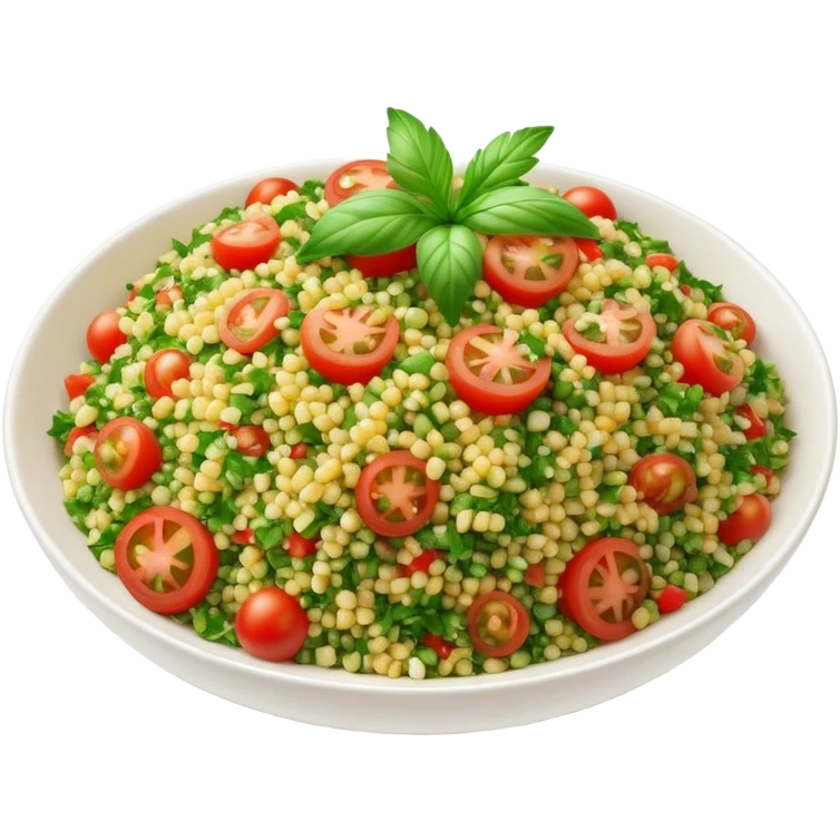 Cinematic Realistic Tabbouleh Salad Dish Emoji, showcasing a fresh herbaceous salad with bulgur, tomatoes, and parsley rendered with crisp textures and natural, vibrant lighting. emoji