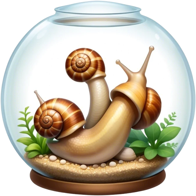 Close-up of large home snails inside a terrarium, showcasing their soft, spiral shells and glistening bodies, with a gentle light highlighting their details. Transparent background. emoji