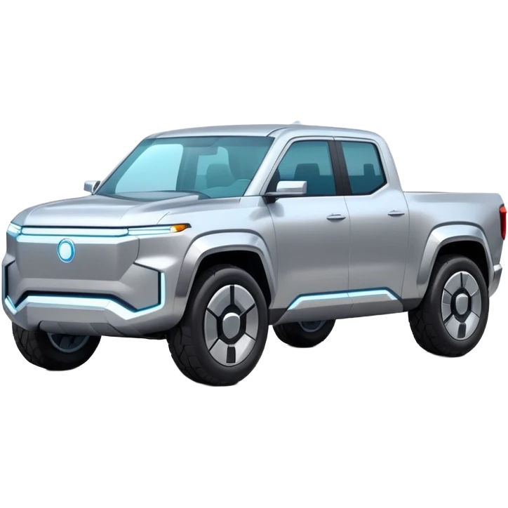 A futuristic electric pickup truck emoji, silver chrome body, angular cyber design, smooth metallic panels, subtle reflections, minimalistic proportions, iOS emoji style, centered composition, clean white background, soft lighting emoji
