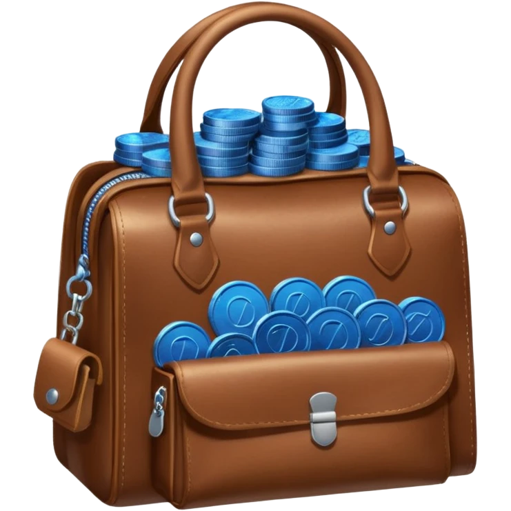 leather bag on top of blue coins stack emoji
