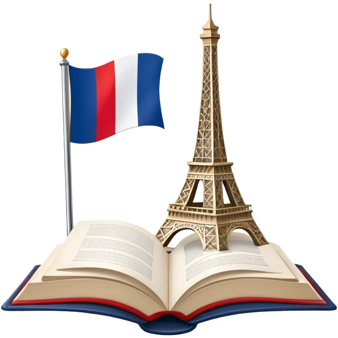 An icon featuring the Eiffel Tower and the flag of France, symbolizing the French language. The design includes an open book with French text, representing language learning and French culture. Transparent background highlights the elegance of the French-speaking world. emoji