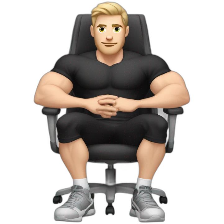 Pale skinned Fit Man With the biceps and dark brown hair in black shirt, gray sports shorts and white Sneakers Sitting on a chair emoji