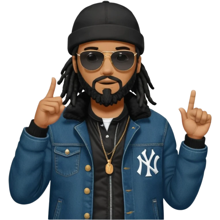African American man with shoulder length black dreadlocks and black beard with black sunglasses wearing a black bubble winter coat with denim skinny jeans and timberland boots and a black New York Yankees baseball hat pointing finger out at someone emoji