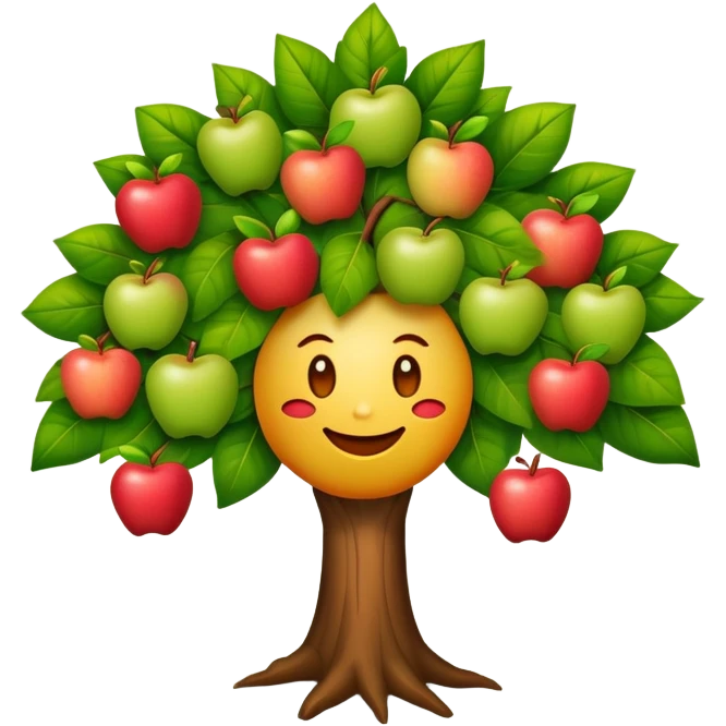 diseña a un árbol con cara sonriente y que las hojas tenga tres manzanas en cada lado o en cada parte de las hojas. emoji