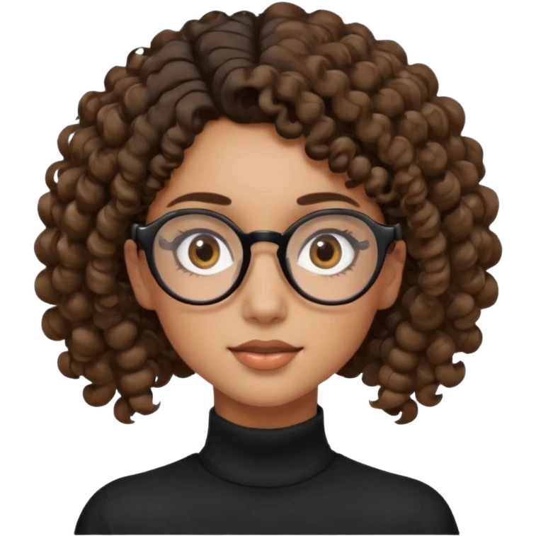 un chica con pelo rizado tiene hecha una coleta y con dos rizos sueltos en la parte de alante que le llega hasta el cuello. luego pil un poco morena ojos marrones y tiene gafas negras y son exagonales pero un poco redondeadas. emoji