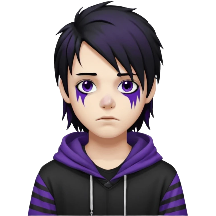 emo teen boy with long one-side messy black hair, dark hoodie with white and purple striped sleeves, piercings on his nose, dark eyeshadow emoji