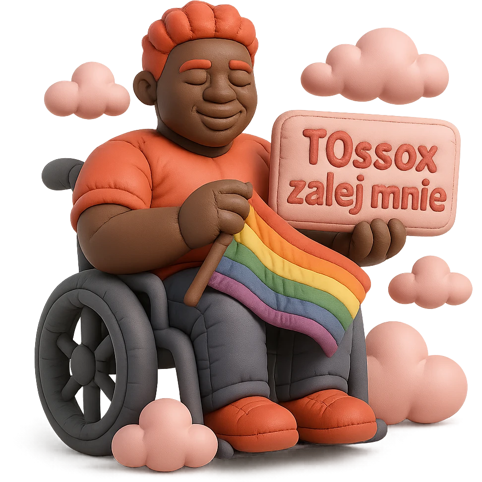 Cinematic shot advertising, Black man with red hair sitting on wheelchair holding lgbt flag holding text "T0ssox zalej mnie" pink clouds around, pink sky with pink back light emoji