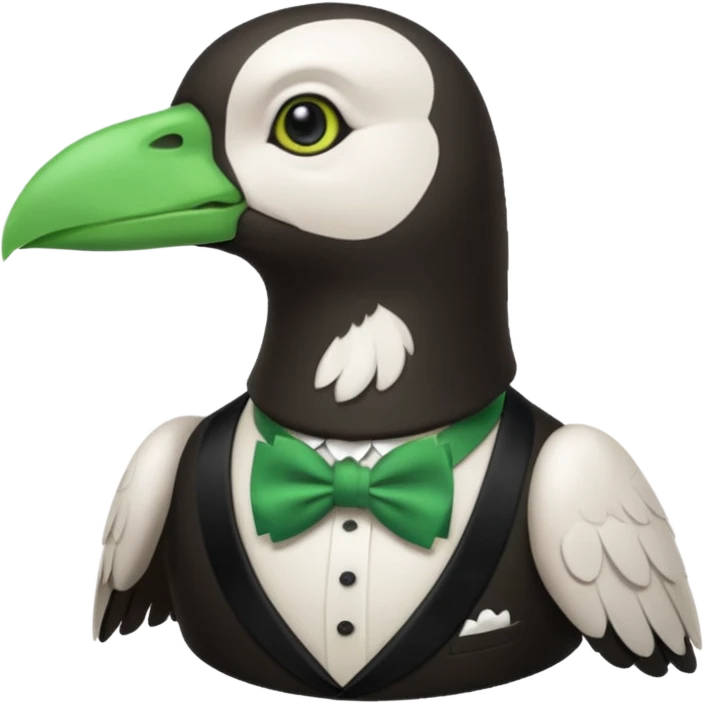 a white crow emoji with droopy wings and a green bowtie emoji