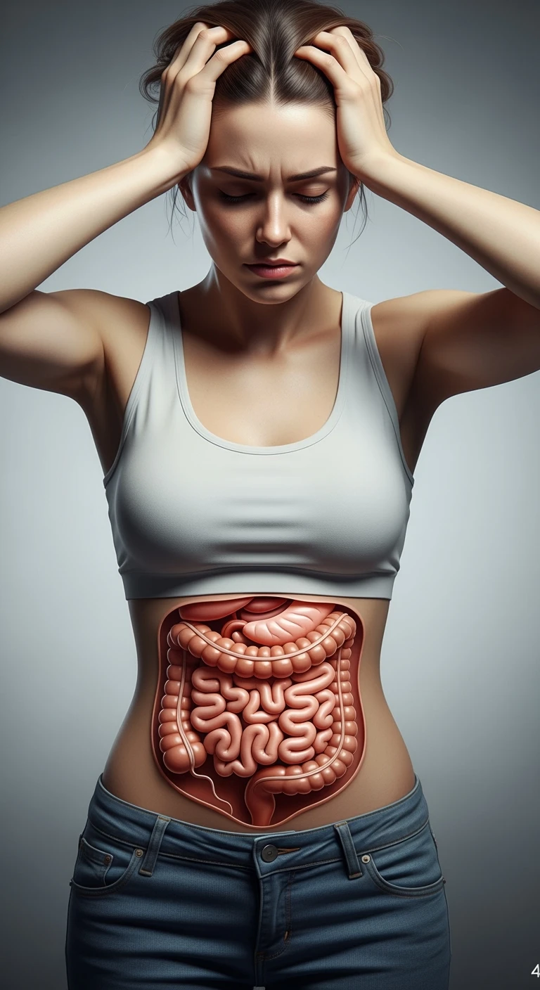 DONNA stanca con intestino realistico in evidenza che si tiene le mani sulla testa, iperrealistici 4k, non disegnati emoji