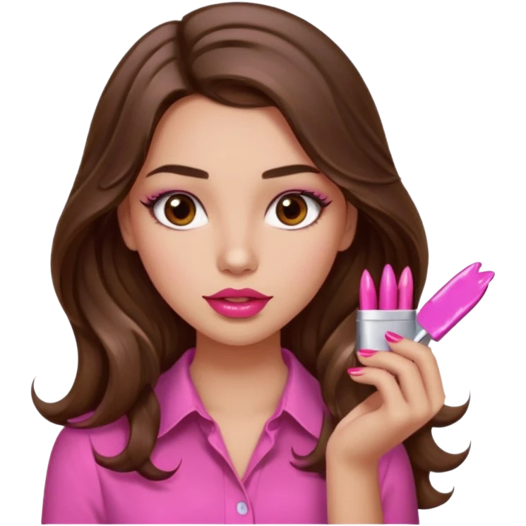 girl with long wavy brown hair, brown eyes, light to medium complexion, in a pink shirt, pink lips, long lashes, puckered lips, showing off painting long nails emoji