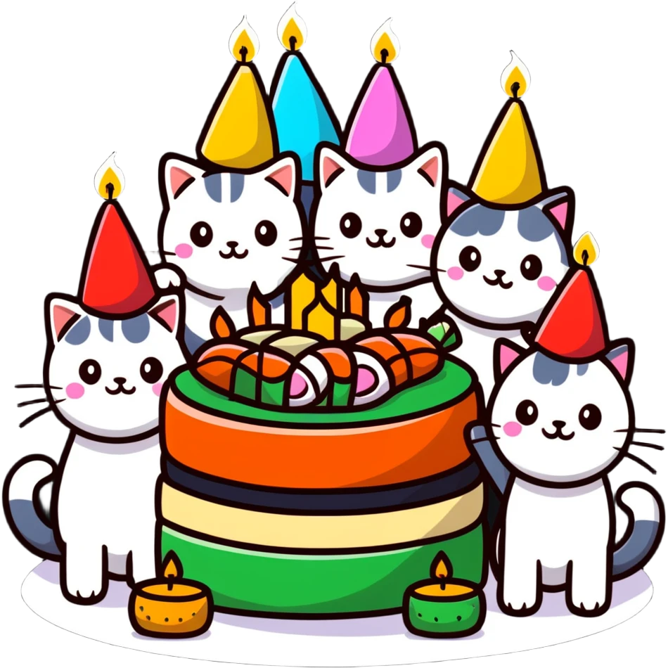 six happy cats wearing colorful party hats celebrating a birthday party around a festive cake made entirely of sushi with candles emoji