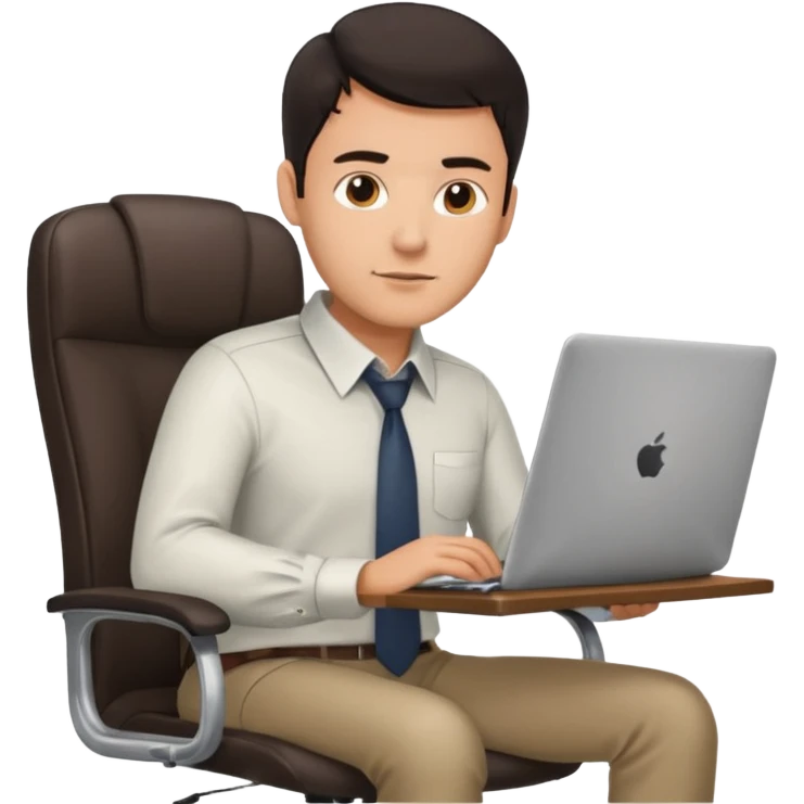 Rich man sitting on a office chair, working at desk, looking to laptop in shirt, dark hair, he is german very beautiful looks like, full body view emoji
