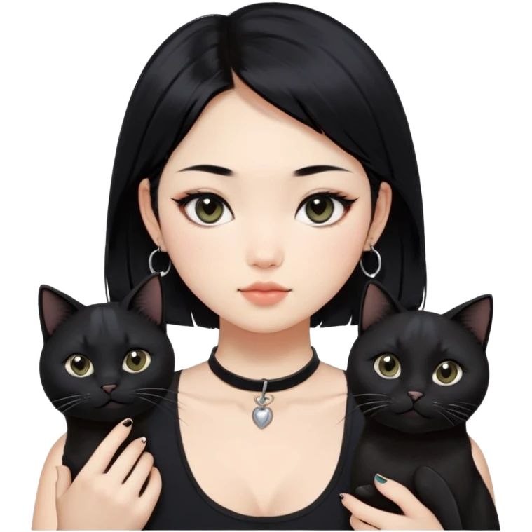 Asian cool girl, black hair, longer than shoulder.  Holding two BLACK cats. one cat has a round fat face, the other one has a slightly slimmer face. Both pure black.  The girl also wearing a black singlet, a black chocker, silver round hook earring, and wearing eyeliner.  emoji