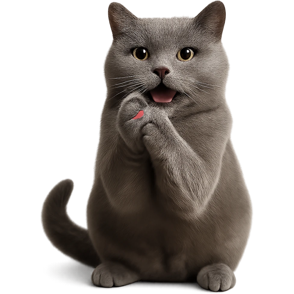 Make this British Shorthair cat clapping its paws look more realistic, keep the pose and happy face, no background, photorealistic style. emoji