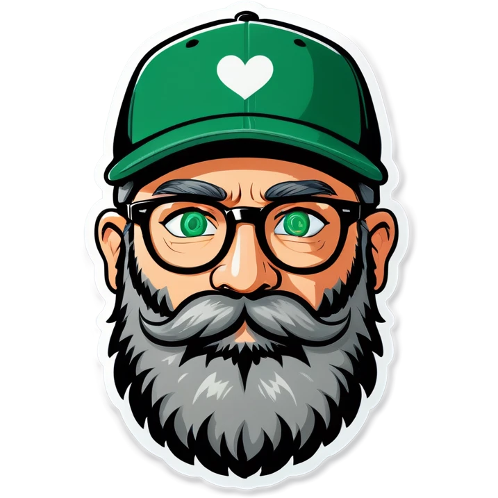 A bold man with a grey baseball cap, green eyes, big beard and glasses with hearts in his eyes emoji