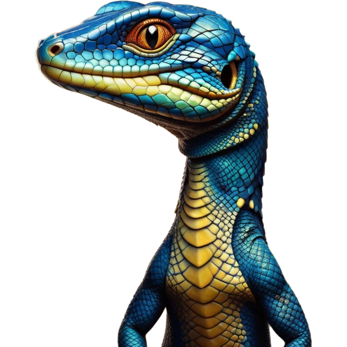 Cinematic Noble Monitor Lizard Portrait Emoji, Poised and regal, with a robust, scaled body exhibiting striking, mottled patterns and piercing, alert eyes, Simplified yet sharp and sophisticated features, highly detailed, glowing with a soft, earthy glow, high shine, intelligent and formidable, stylized with an air of ancient wilderness, focused and commanding, soft glowing outline, capturing the essence of a watchful and confident reptilian guardian that appears ready to stride out of the screen with effortless authority! emoji