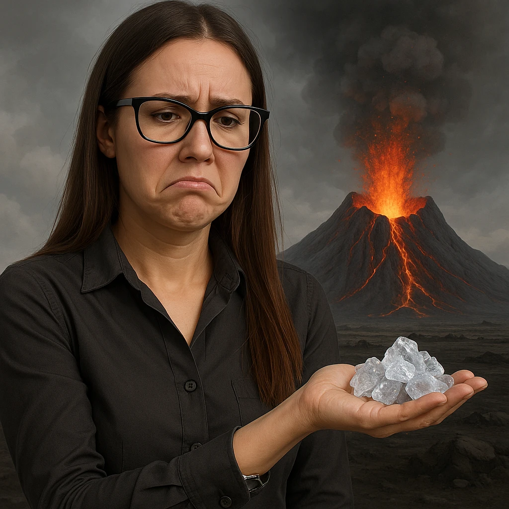 Create a hyperrealistic woman similar to the reference photo, close frontal view, throwing ice towards the volcano's mouth, but the lava remains intact. The expression should show disappointment. The scene is symbolic with detailed features. emoji