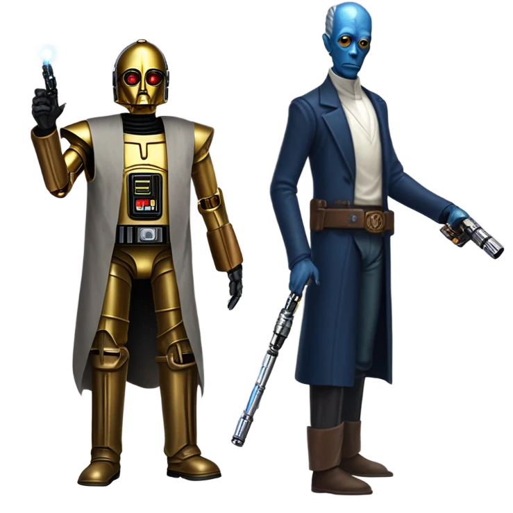 well-equipped jedi first order human-sized darkblue-pearl friendly bounty hunter c3po droid wearing a leather wild west duster coat holding light saber ready to fight but relaxed. antiqued emoji