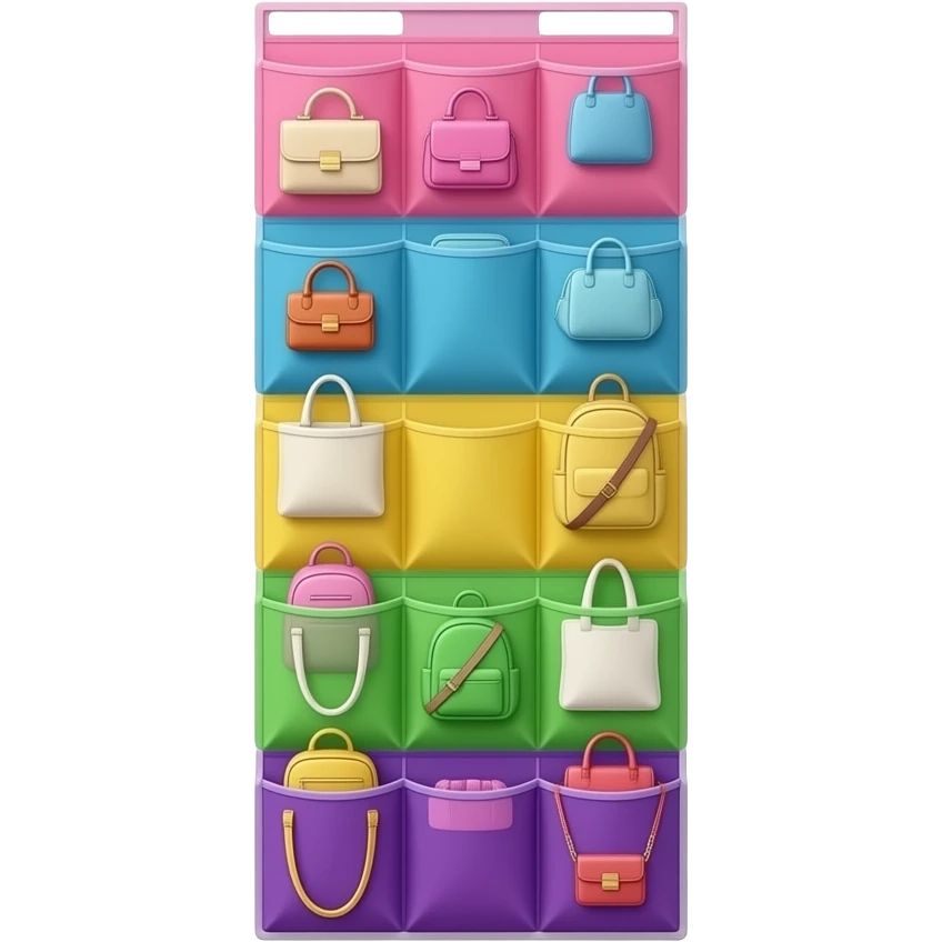 pink, blue, yellow, green, purplea vertical hanging bag organizer, multiple tiers hanging downward, each level holding different bags such as handbags, backpacks, tote bags, and crossbody bags, inspired by Barbie colour palette emoji