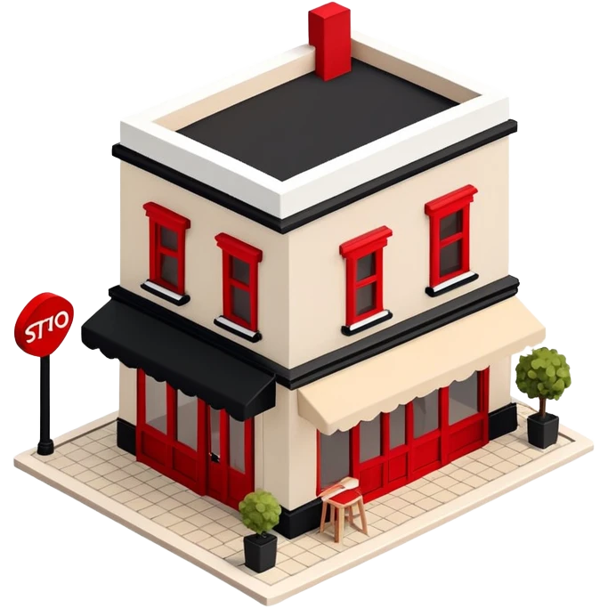 Isometric exterior little black, beige, and white restaurant, dollhouse style 3D realistic  emoji