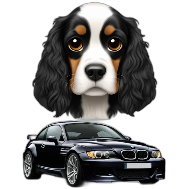 Cocker spaniel driving black 2oo1 bmw m coupe emoji