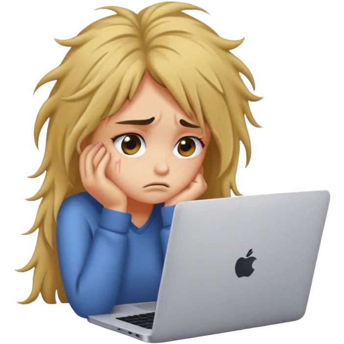 Sad girl sitting in front of a laptop, looking disappointed or tired emoji