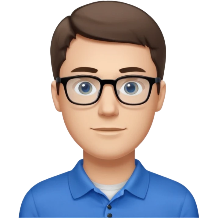Scott The WozYoung white man, late 20s, short brown hair, blue eyes, clean-shaven, thin black rectangular glasses, slim build, wearing a blue polo shirt, friendly and energetic look. emoji