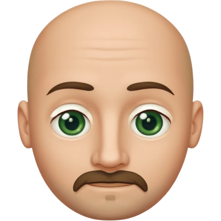 white caucasian bald man's face, with brown goatee and dark green eyes, oval face, rounded, big, little eyes a small smile emoji