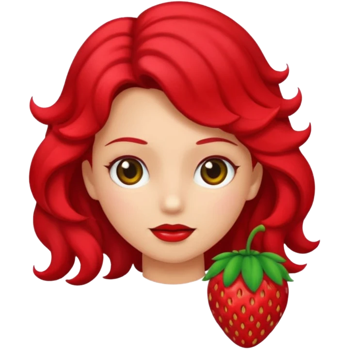 Una fresa con una cara enojada y con cabello de color verde emoji